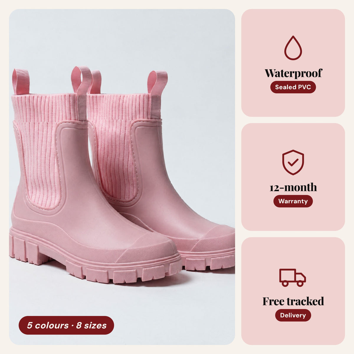 The Cherry Drop rain boot in Blossom, key features
