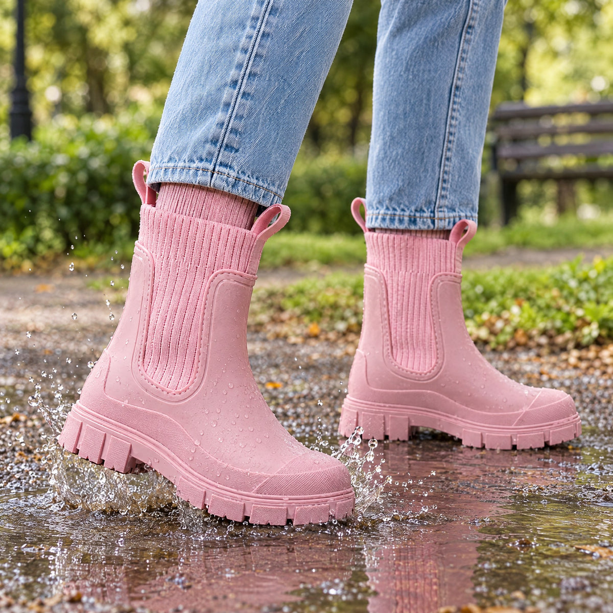 The Cherry Drop rain boot in Blossom, splashing in a puddle