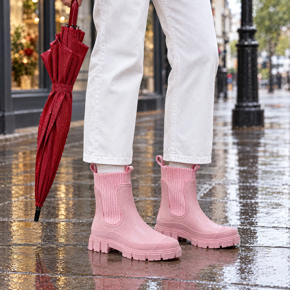 The Cherry Drop rain boot in Blossom, on a rainy high street