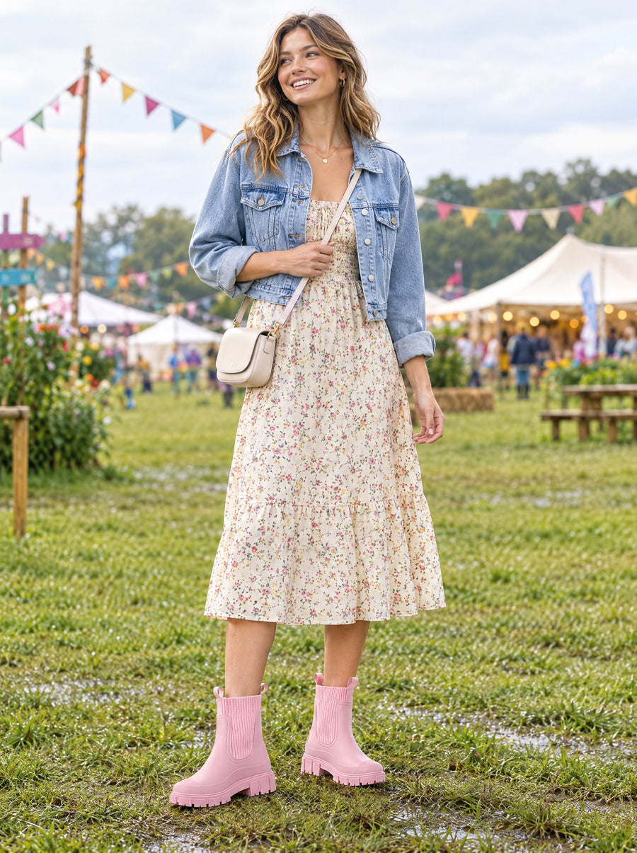 The Cherry Drop rain boots in Blossom, worn with a floral midi dress and denim jacket