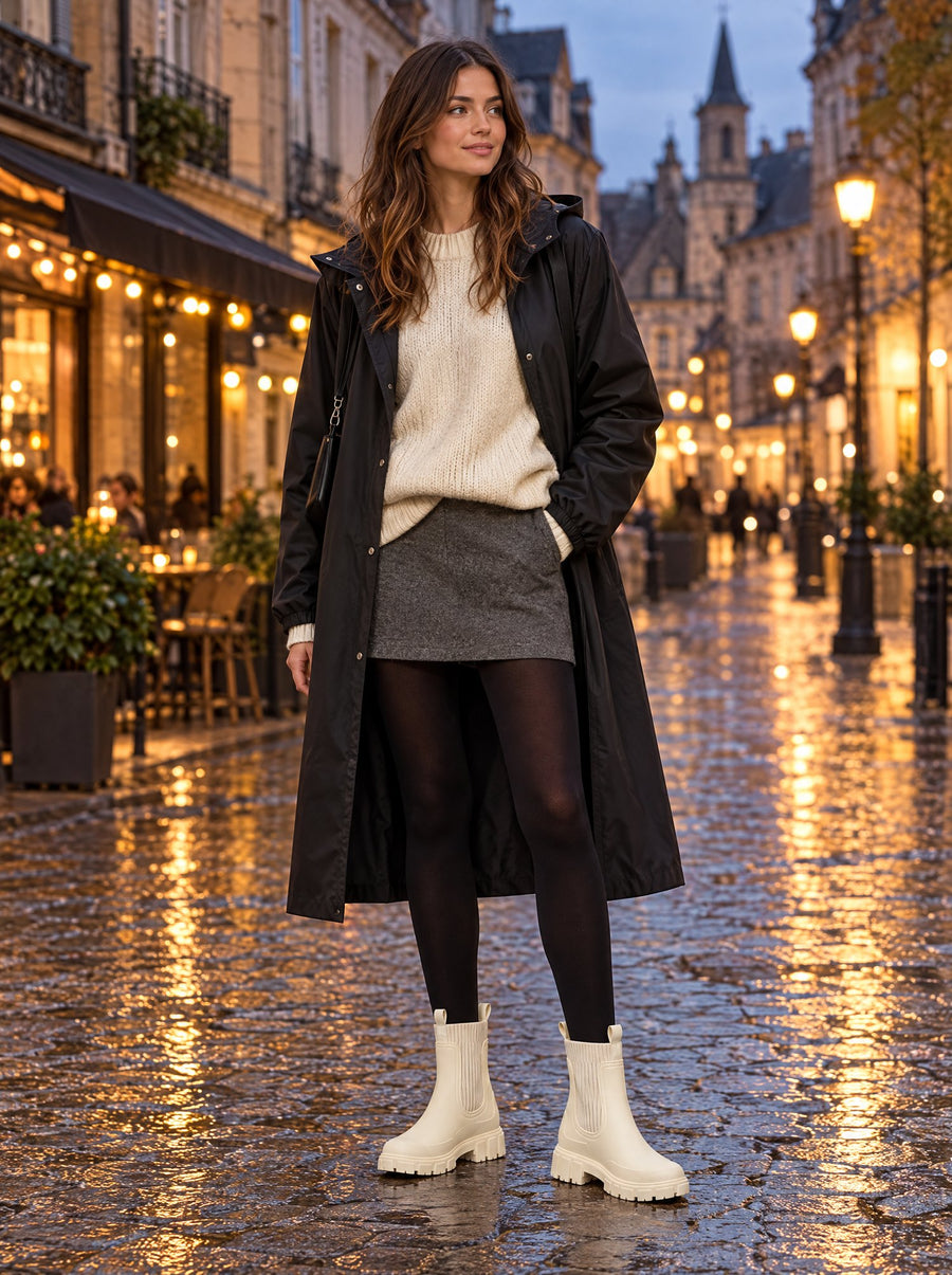 The Cherry Drop rain boots in Cream, worn with a mini skirt, tights and raincoat